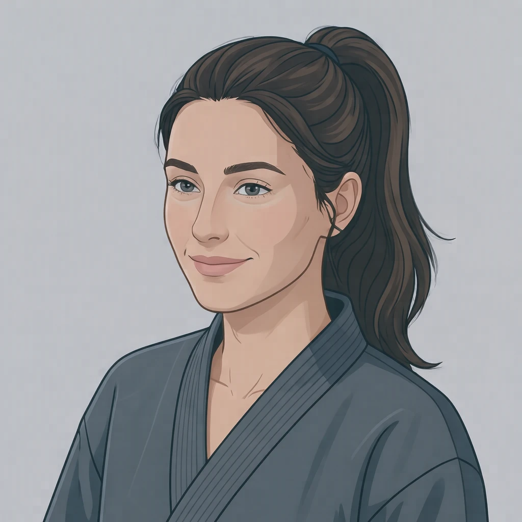Illustration of one woman in a white martial arts uniform with the lapels crossed at the chest and her hair tied back in a ponytail, her head and shoulders seen at a three-quarter angle with her face turned slightly to one side, both eyes visible and looking at the viewer with a calm closed-mouth smile, closely cropped so the head and shoulders fill most of the picture, hands not visible, a plain pale background behind her, the lower edge left as empty background with nothing written on it (isometric)