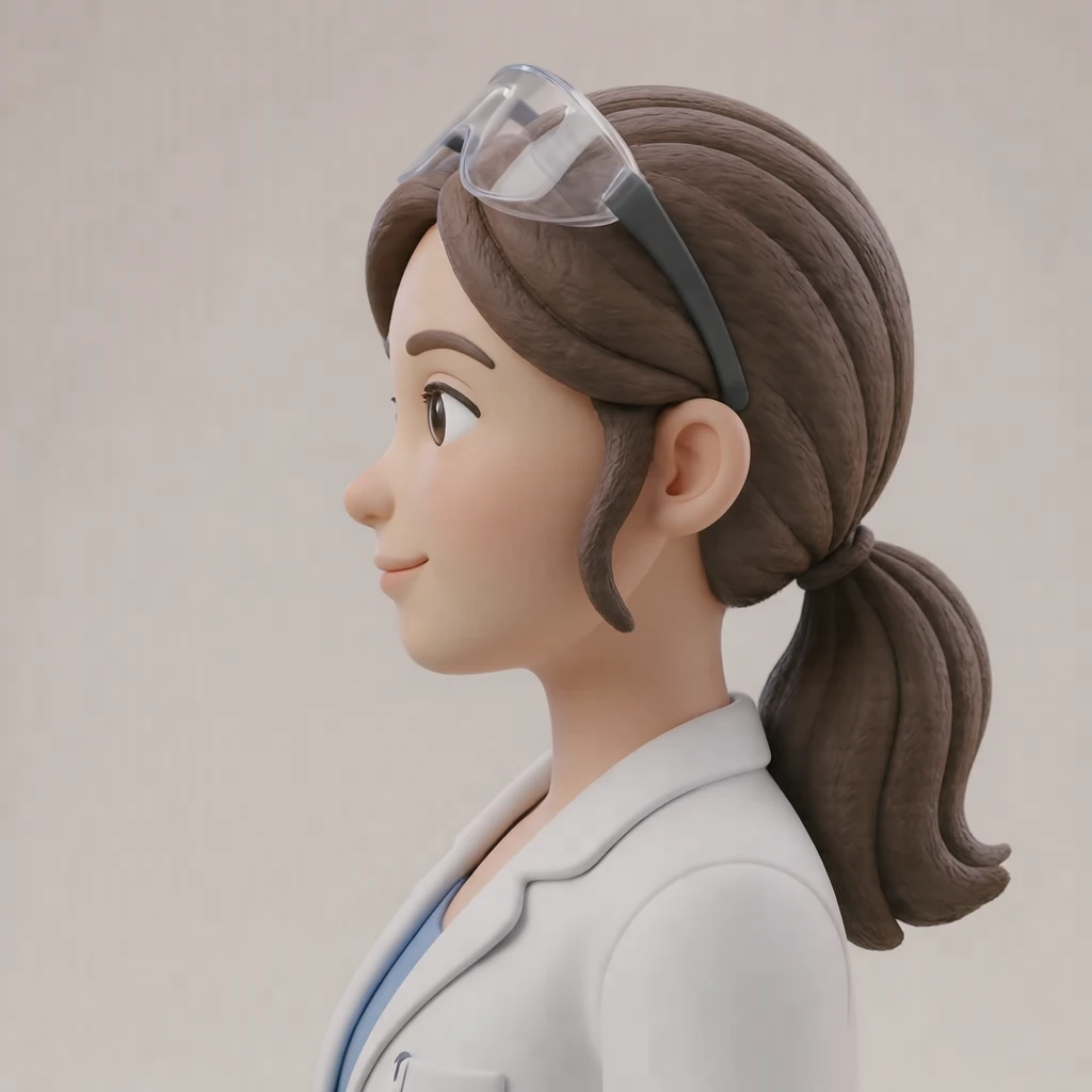 흰 가운에 보안경을 이마 위로 올린 여성의 프로필 아이콘 (소프트 3D)