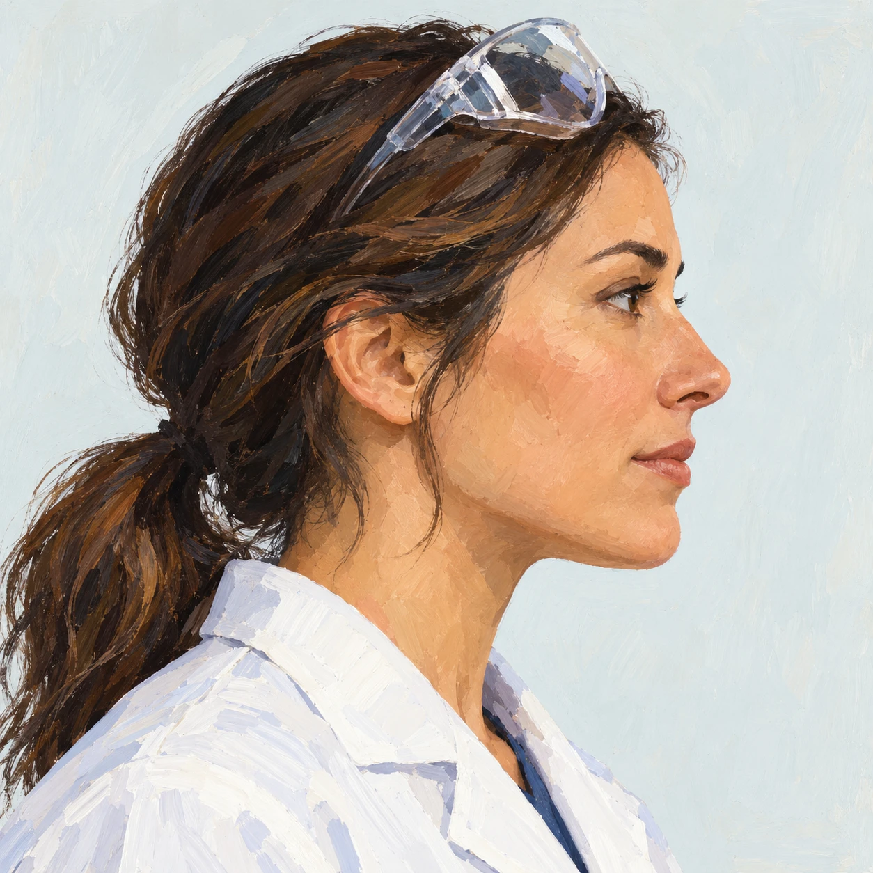 Illustration of one woman in a white lab coat with clear safety goggles pushed up onto her forehead and a low ponytail, her head and shoulders seen in full profile from the side with her gaze level ahead and a calm closed-mouth expression, closely cropped so the head and shoulders fill most of the picture, hands not visible, a plain pale background behind her, the lower edge left as empty background with nothing written on it (gouache)