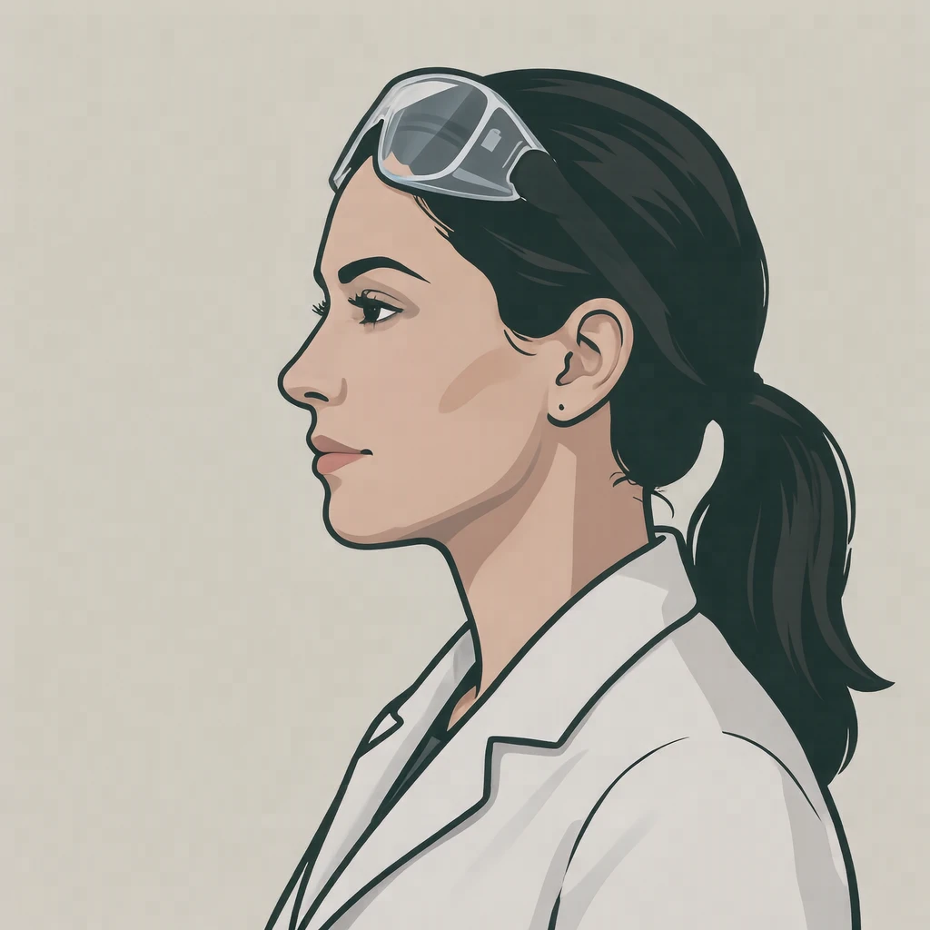 Illustration of one woman in a white lab coat with clear safety goggles pushed up onto her forehead and a low ponytail, her head and shoulders seen in full profile from the side with her gaze level ahead and a calm closed-mouth expression, closely cropped so the head and shoulders fill most of the picture, hands not visible, a plain pale background behind her, the lower edge left as empty background with nothing written on it (bold graphic)