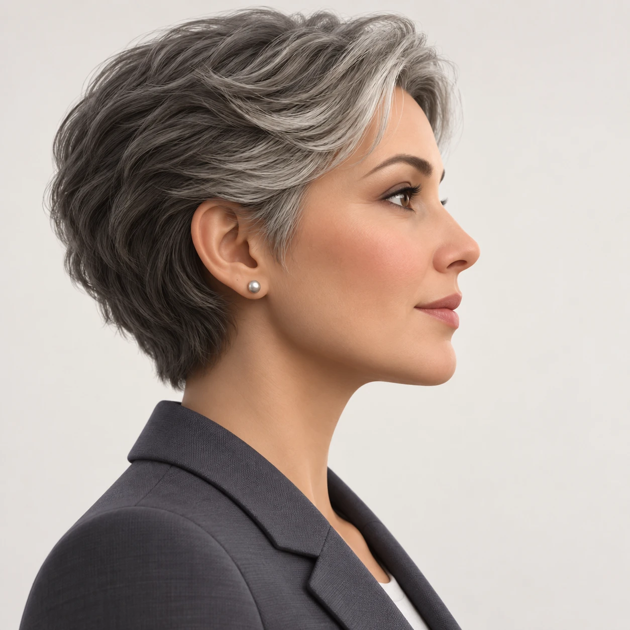 Illustration of one woman in a tailored jacket with short salt and pepper hair, her head and shoulders seen in full profile from the side with her gaze level ahead and a calm closed-mouth expression, closely cropped so the head and shoulders fill most of the picture, hands not visible, a plain pale background behind her, the lower edge left as empty background with nothing written on it (soft 3D)