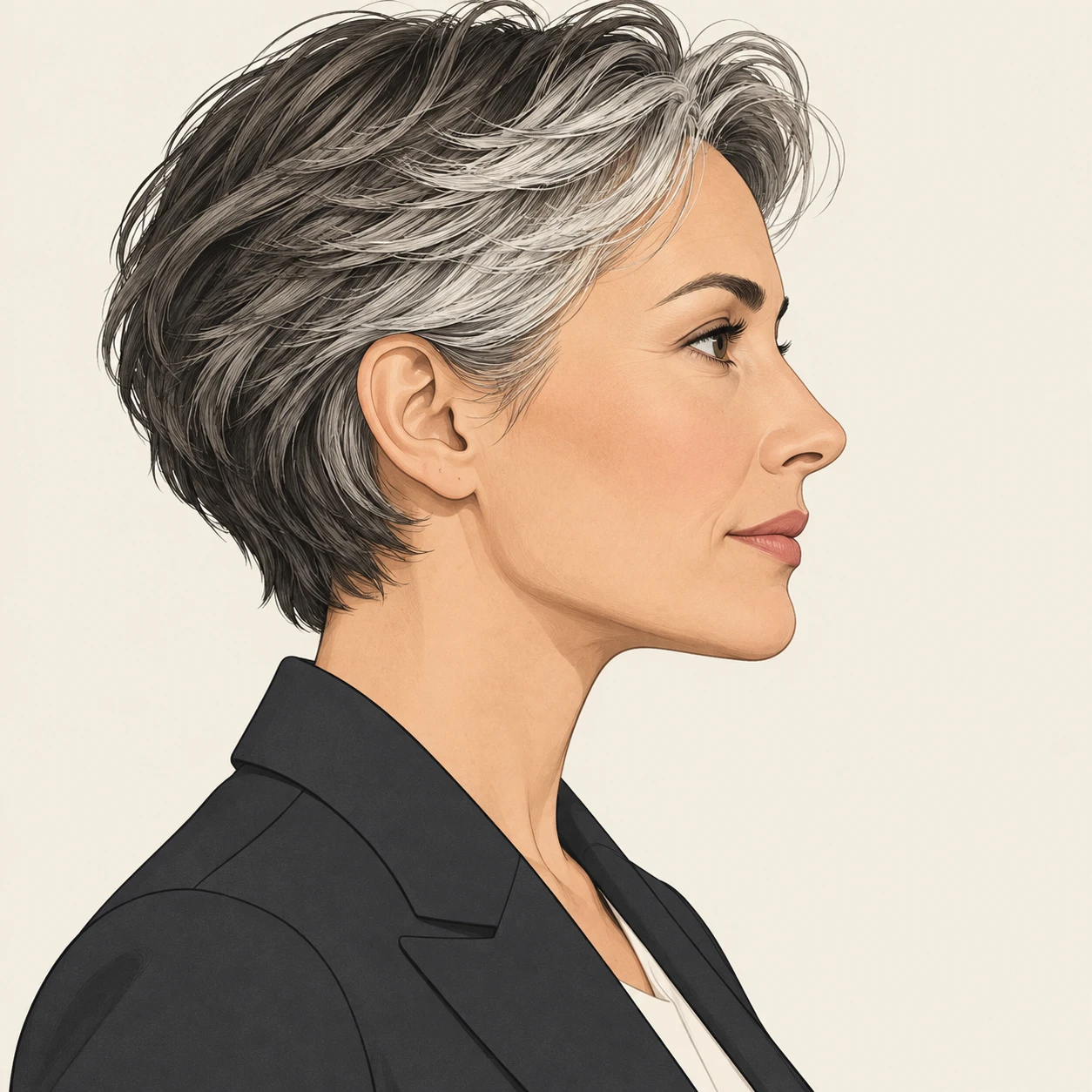 Illustration of one woman in a tailored jacket with short salt and pepper hair, her head and shoulders seen in full profile from the side with her gaze level ahead and a calm closed-mouth expression, closely cropped so the head and shoulders fill most of the picture, hands not visible, a plain pale background behind her, the lower edge left as empty background with nothing written on it (simple line art)