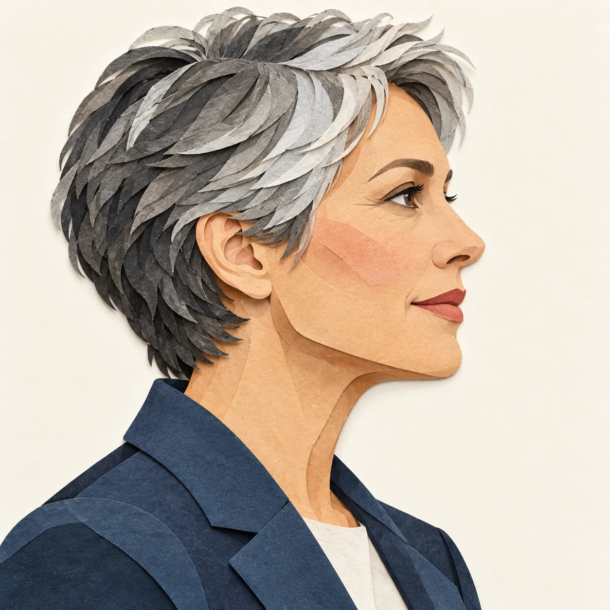 Illustration of one woman in a tailored jacket with short salt and pepper hair, her head and shoulders seen in full profile from the side with her gaze level ahead and a calm closed-mouth expression, closely cropped so the head and shoulders fill most of the picture, hands not visible, a plain pale background behind her, the lower edge left as empty background with nothing written on it (paper cut-out)