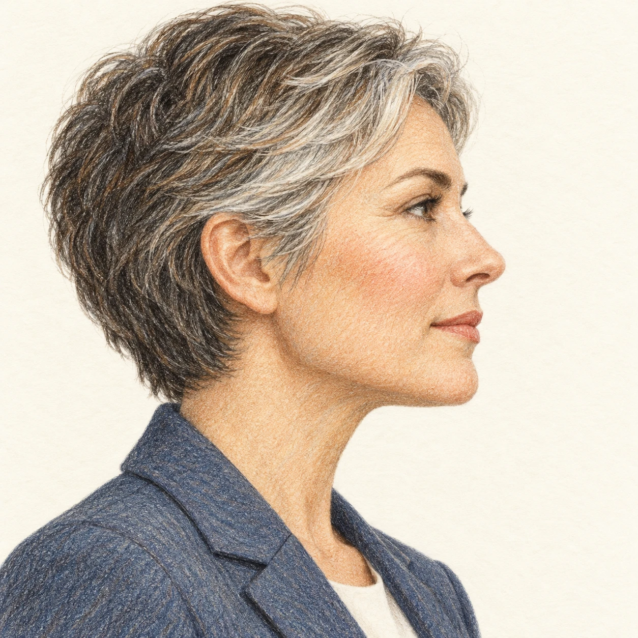 Illustration of one woman in a tailored jacket with short salt and pepper hair, her head and shoulders seen in full profile from the side with her gaze level ahead and a calm closed-mouth expression, closely cropped so the head and shoulders fill most of the picture, hands not visible, a plain pale background behind her, the lower edge left as empty background with nothing written on it (colored pencil)