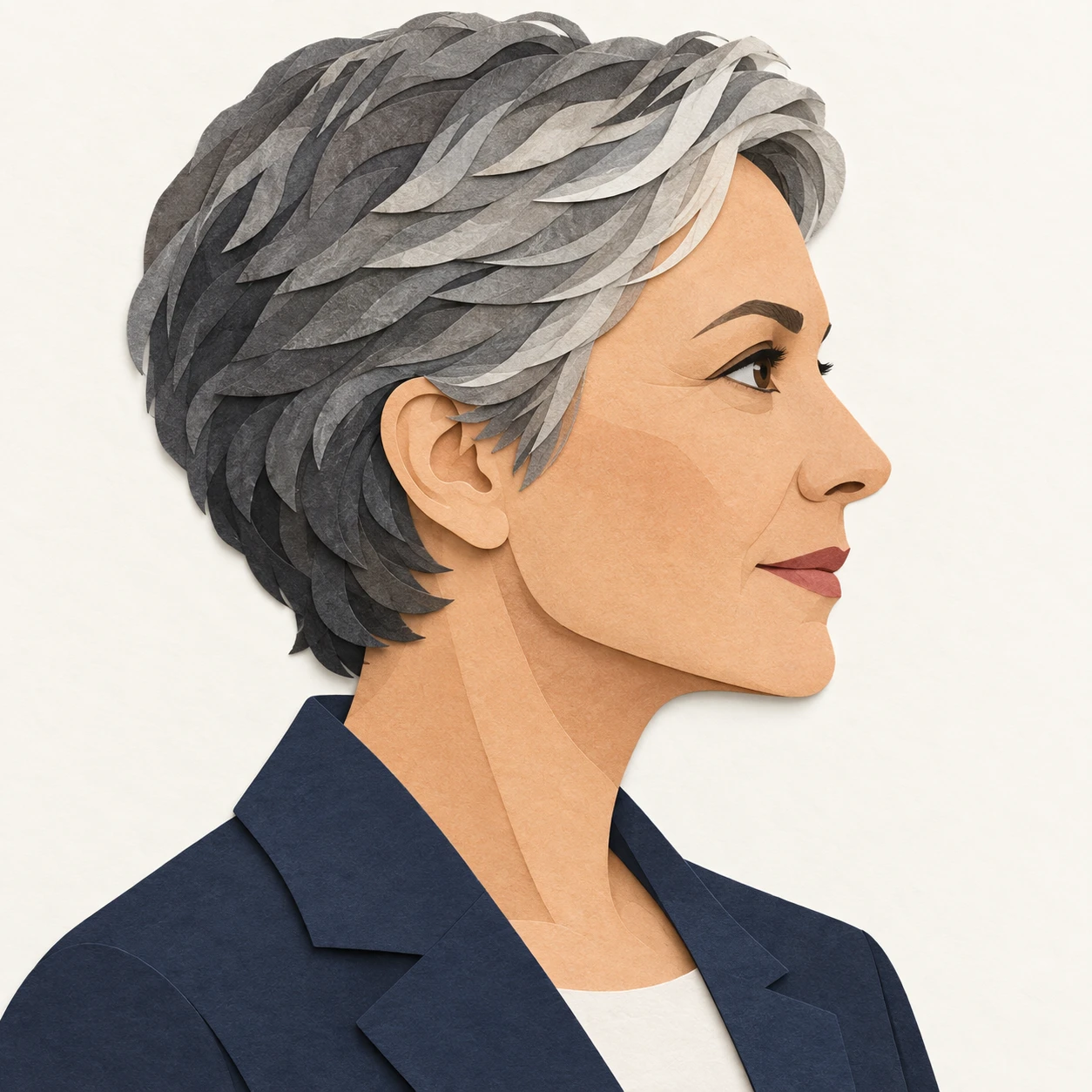 Illustration of one woman in a tailored jacket with short salt and pepper hair, her head and shoulders seen in full profile from the side with her gaze level ahead and a calm closed-mouth expression, closely cropped so the head and shoulders fill most of the picture, hands not visible, a plain pale background behind her, the lower edge left as empty background with nothing written on it (paper cut-out)