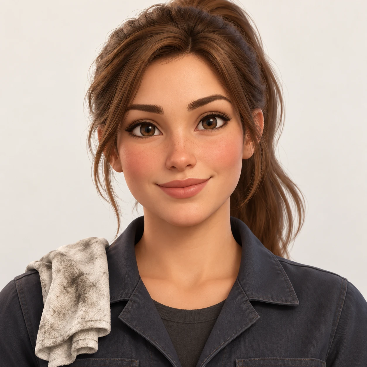 Illustration of one woman in a dark work overall with a folded shop rag over one shoulder and her brown hair tied back in a ponytail, her head and shoulders seen straight from the front with both eyes looking at the viewer and a calm closed-mouth smile, closely cropped so the head and shoulders fill most of the picture, hands not visible, a plain pale background behind her, the lower edge left as empty background with nothing written on it (soft 3D)