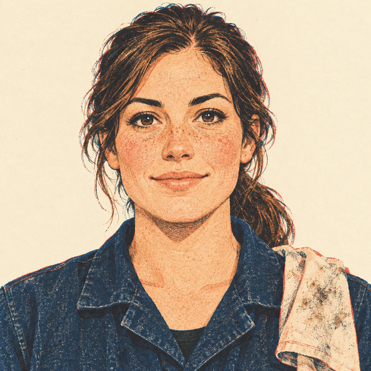 Illustration of one woman in a dark work overall with a folded shop rag over one shoulder and her brown hair tied back in a ponytail, her head and shoulders seen straight from the front with both eyes looking at the viewer and a calm closed-mouth smile, closely cropped so the head and shoulders fill most of the picture, hands not visible, a plain pale background behind her, the lower edge left as empty background with nothing written on it (retro print)
