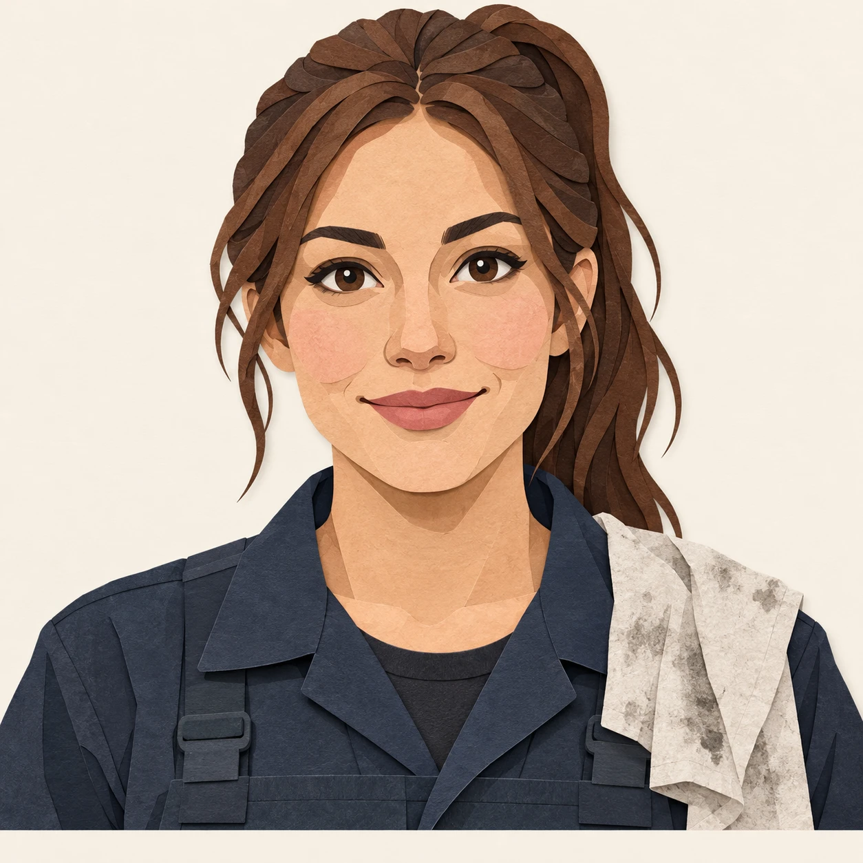 Illustration of one woman in a dark work overall with a folded shop rag over one shoulder and her brown hair tied back in a ponytail, her head and shoulders seen straight from the front with both eyes looking at the viewer and a calm closed-mouth smile, closely cropped so the head and shoulders fill most of the picture, hands not visible, a plain pale background behind her, the lower edge left as empty background with nothing written on it (paper cut-out)