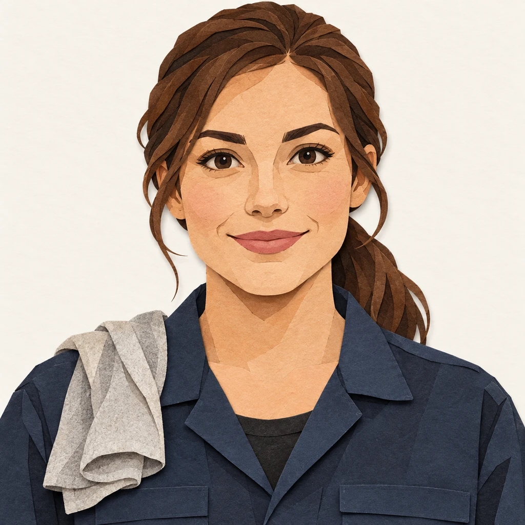 Illustration of one woman in a dark work overall with a folded shop rag over one shoulder and her brown hair tied back in a ponytail, her head and shoulders seen straight from the front with both eyes looking at the viewer and a calm closed-mouth smile, closely cropped so the head and shoulders fill most of the picture, hands not visible, a plain pale background behind her, the lower edge left as empty background with nothing written on it (paper cut-out)