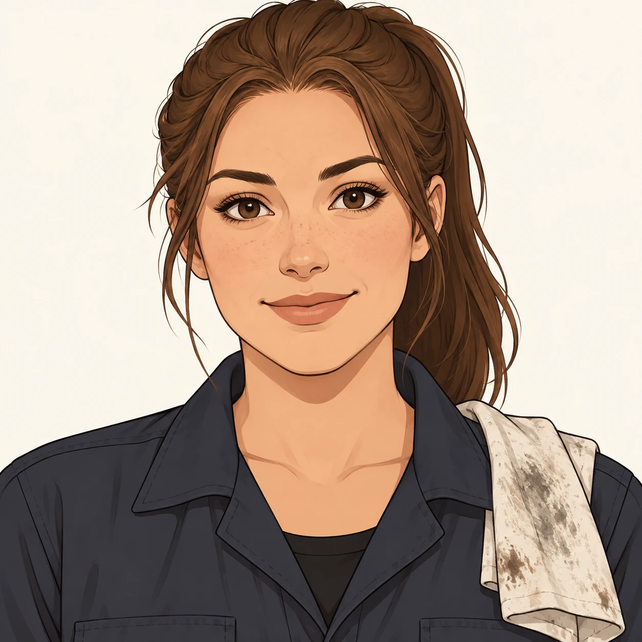 Illustration of one woman in a dark work overall with a folded shop rag over one shoulder and her brown hair tied back in a ponytail, her head and shoulders seen straight from the front with both eyes looking at the viewer and a calm closed-mouth smile, closely cropped so the head and shoulders fill most of the picture, hands not visible, a plain pale background behind her, the lower edge left as empty background with nothing written on it (simple line art)