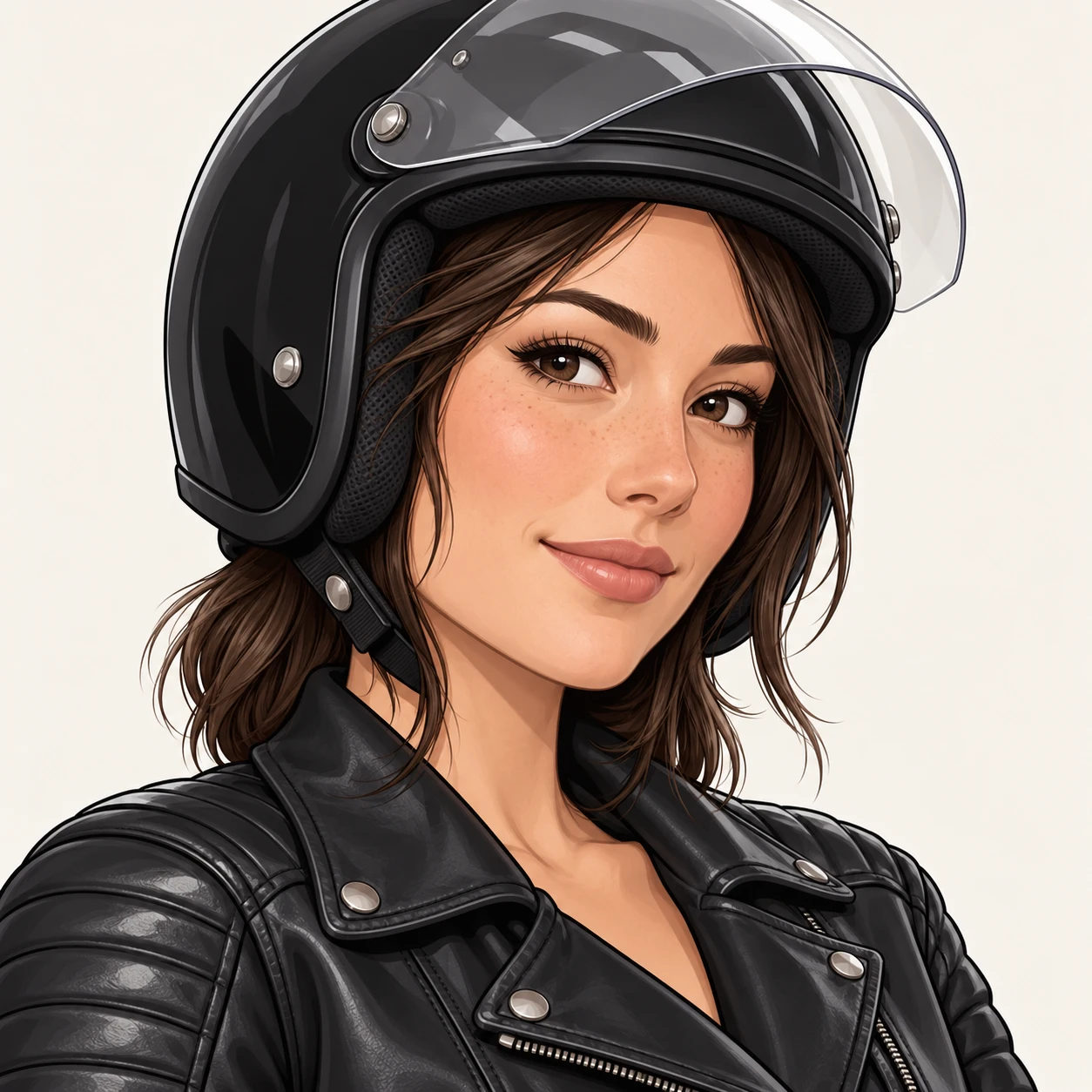 ジェットヘルメットに革ジャンの女性のプロフィール用画像（フラットイラスト）