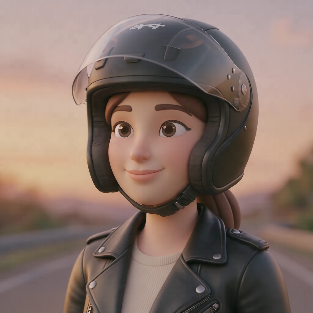 Illustration of one woman in a black leather riding jacket wearing an open-face motorcycle helmet with the clear visor raised, her head and shoulders seen at a three-quarter angle with her face turned slightly to one side, both eyes visible and looking at the viewer with a calm closed-mouth smile, closely cropped so the head and shoulders fill most of the picture, hands not visible, a plain pale background behind her, the lower edge left as empty background with nothing written on it (soft 3D)