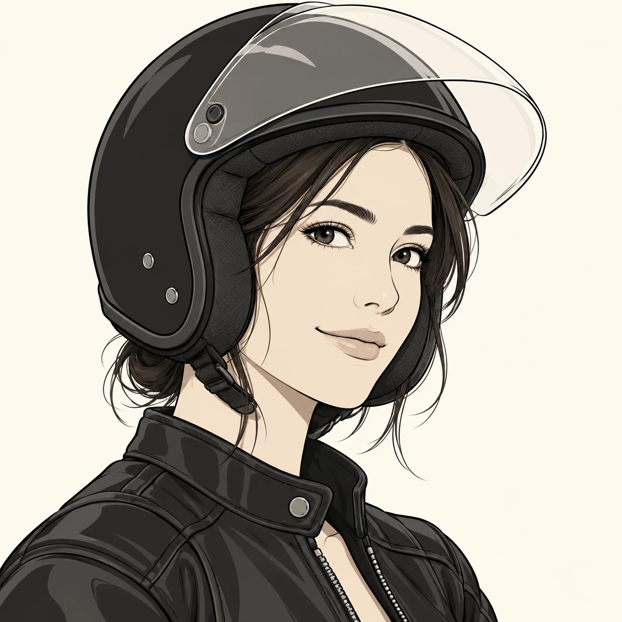 Illustration of one woman in a black leather riding jacket wearing an open-face motorcycle helmet with the clear visor raised, her head and shoulders seen at a three-quarter angle with her face turned slightly to one side, both eyes visible and looking at the viewer with a calm closed-mouth smile, closely cropped so the head and shoulders fill most of the picture, hands not visible, a plain pale background behind her, the lower edge left as empty background with nothing written on it (simple line art)