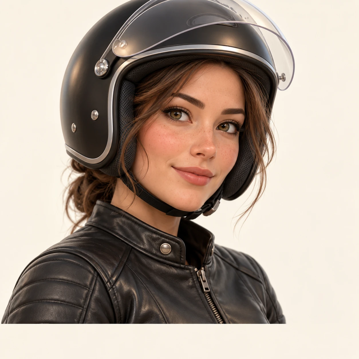 Illustration of one woman in a black leather riding jacket wearing an open-face motorcycle helmet with the clear visor raised, her head and shoulders seen at a three-quarter angle with her face turned slightly to one side, both eyes visible and looking at the viewer with a calm closed-mouth smile, closely cropped so the head and shoulders fill most of the picture, hands not visible, a plain pale background behind her, the lower edge left as empty background with nothing written on it (soft 3D)