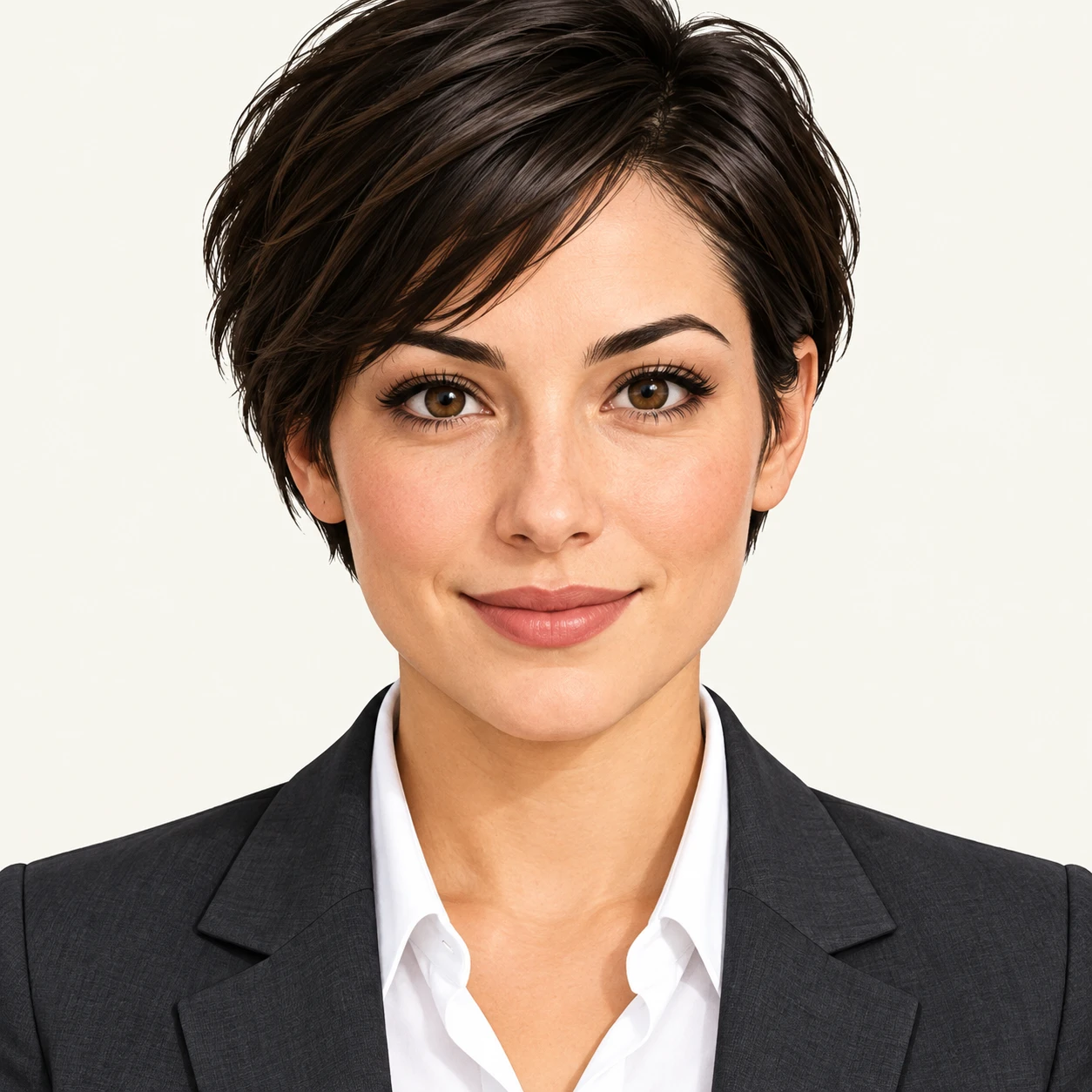 Illustration of one woman in a charcoal suit jacket over a white shirt with short dark hair, her head and shoulders seen straight from the front with both eyes looking at the viewer and a calm closed-mouth smile, closely cropped so the head and shoulders fill most of the picture, hands not visible, a plain pale background behind her, the lower edge left as empty background with nothing written on it (bold graphic)