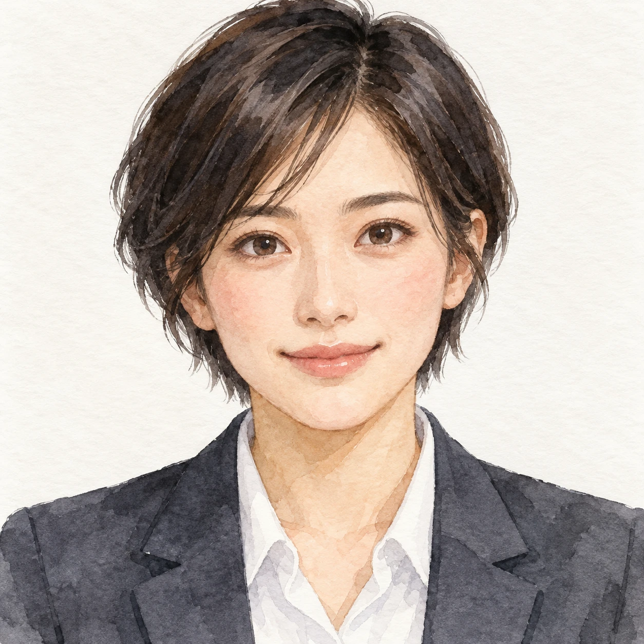 Illustration of one woman in a charcoal suit jacket over a white shirt with short dark hair, her head and shoulders seen straight from the front with both eyes looking at the viewer and a calm closed-mouth smile, closely cropped so the head and shoulders fill most of the picture, hands not visible, a plain pale background behind her, the lower edge left as empty background with nothing written on it (watercolor)