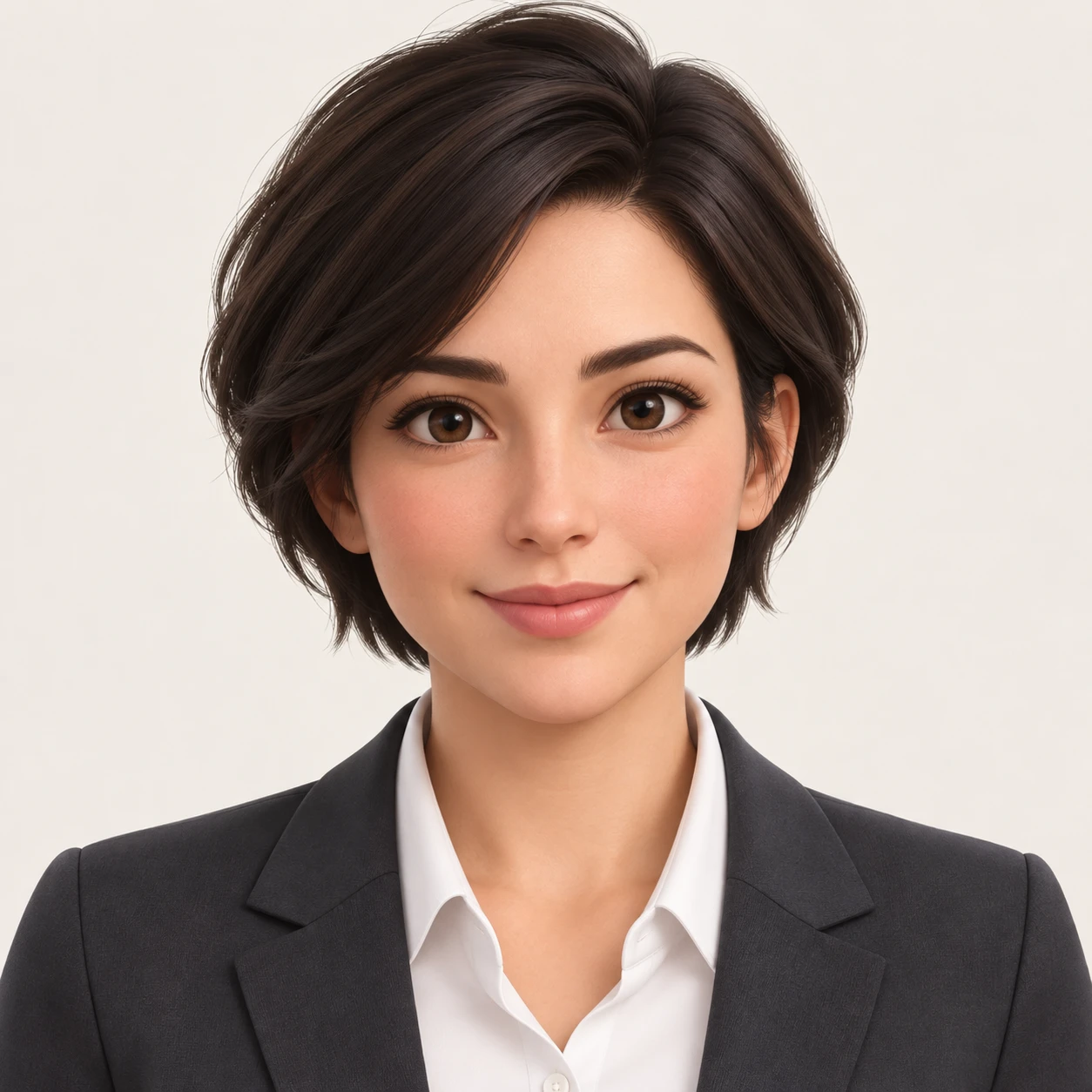 Illustration of one woman in a charcoal suit jacket over a white shirt with short dark hair, her head and shoulders seen straight from the front with both eyes looking at the viewer and a calm closed-mouth smile, closely cropped so the head and shoulders fill most of the picture, hands not visible, a plain pale background behind her, the lower edge left as empty background with nothing written on it (soft 3D)