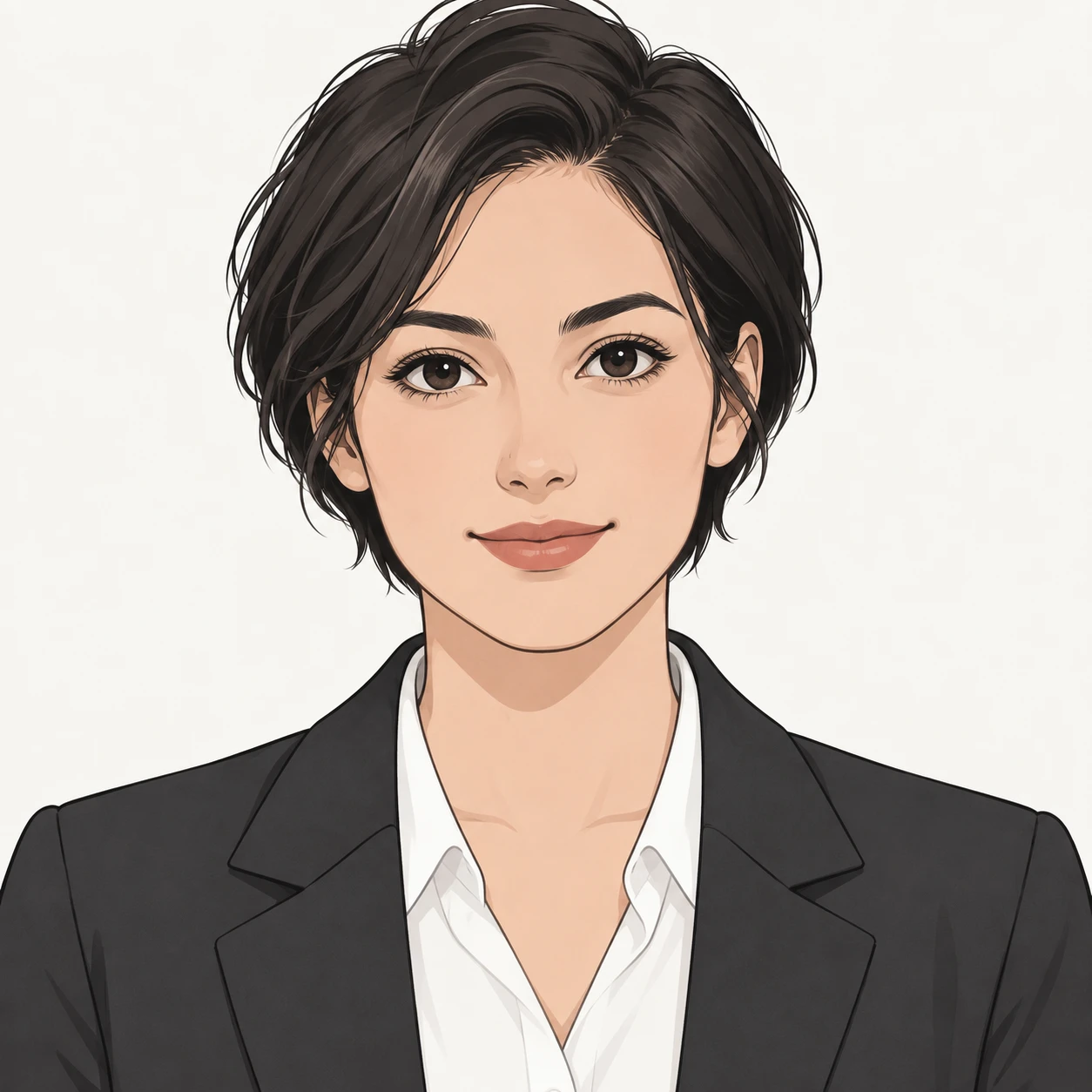 Illustration of one woman in a charcoal suit jacket over a white shirt with short dark hair, her head and shoulders seen straight from the front with both eyes looking at the viewer and a calm closed-mouth smile, closely cropped so the head and shoulders fill most of the picture, hands not visible, a plain pale background behind her, the lower edge left as empty background with nothing written on it (simple line art)