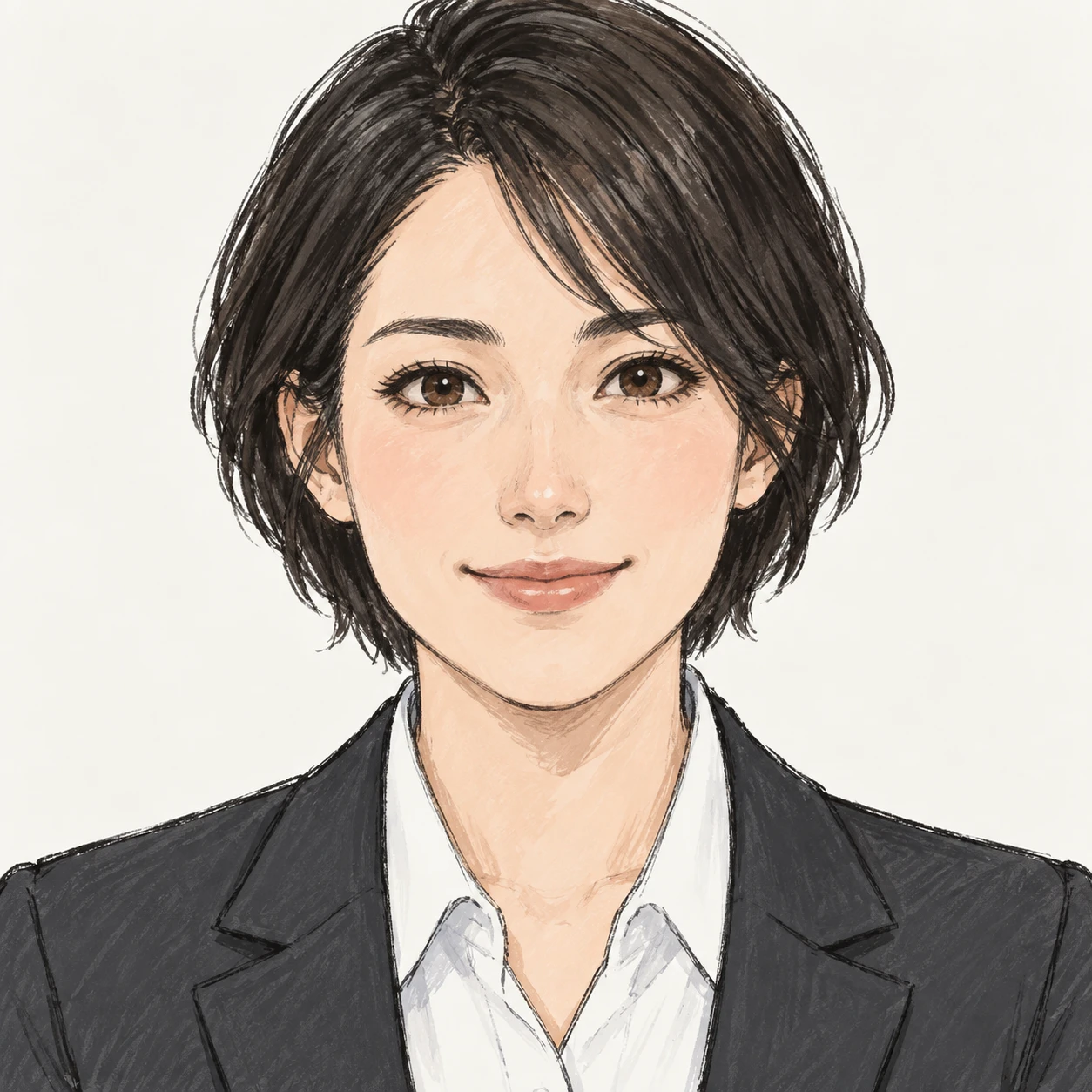 Illustration of one woman in a charcoal suit jacket over a white shirt with short dark hair, her head and shoulders seen straight from the front with both eyes looking at the viewer and a calm closed-mouth smile, closely cropped so the head and shoulders fill most of the picture, hands not visible, a plain pale background behind her, the lower edge left as empty background with nothing written on it (hand-drawn)