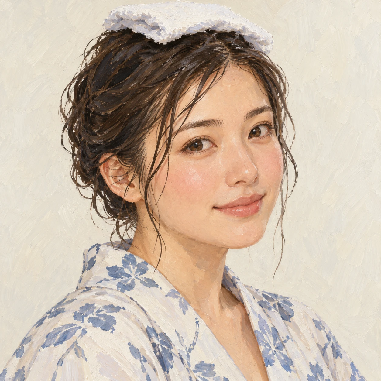 목욕을 마친 유카타 차림 여성의 프로필 아이콘 (과슈)