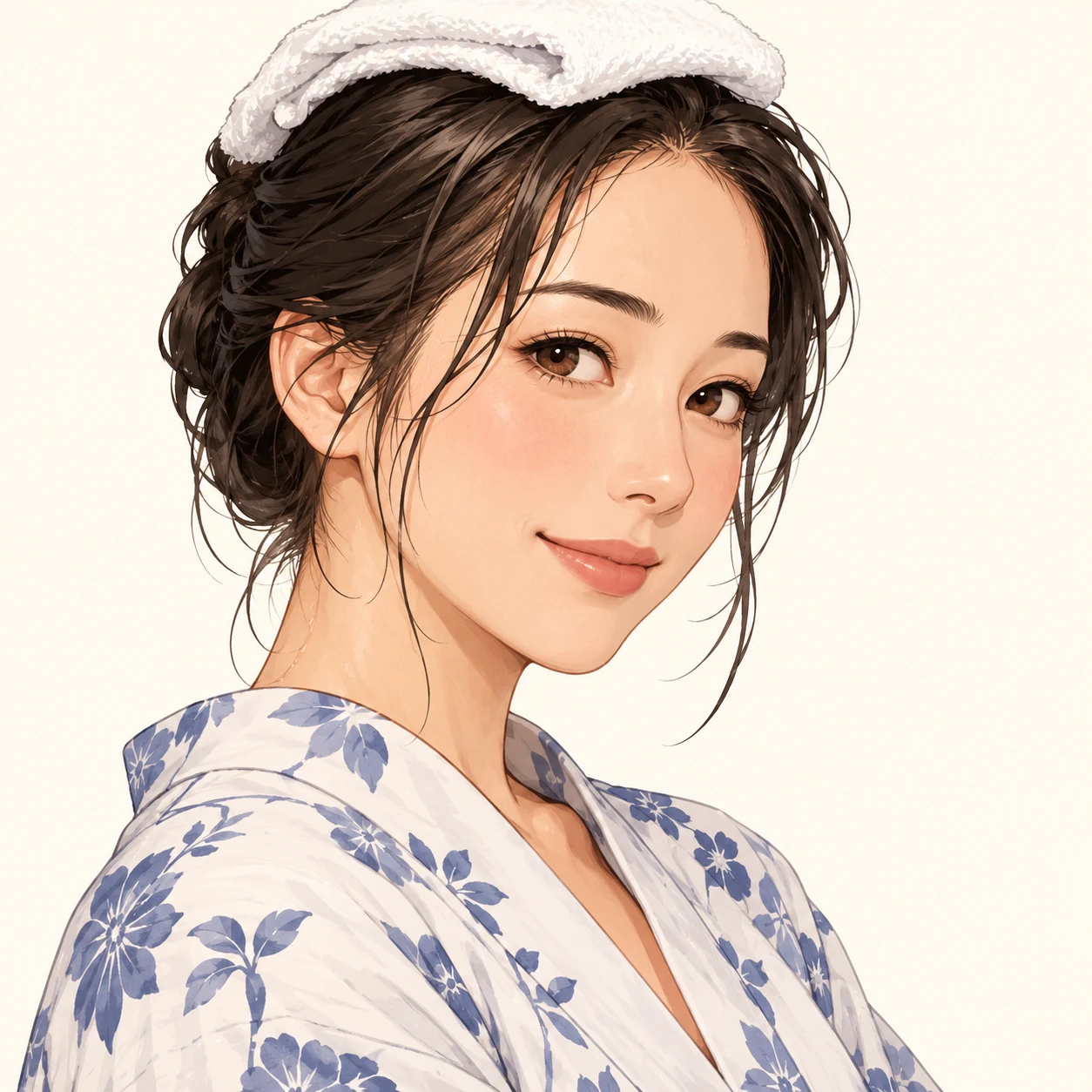 Illustration of one woman in a light cotton yukata robe after a hot spring bath with a small folded towel resting on top of her damp hair, her head and shoulders seen at a three-quarter angle with her face turned slightly to one side, both eyes visible and looking at the viewer with a calm closed-mouth smile, closely cropped so the head and shoulders fill most of the picture, hands not visible, a plain pale background behind her, the lower edge left as empty background with nothing written on it (bold graphic)