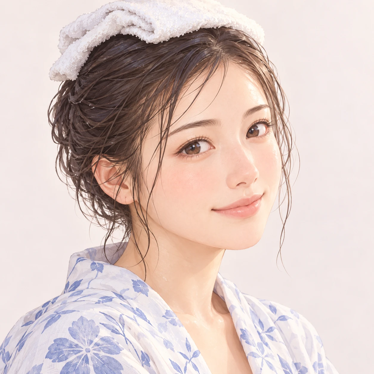 Illustration of one woman in a light cotton yukata robe after a hot spring bath with a small folded towel resting on top of her damp hair, her head and shoulders seen at a three-quarter angle with her face turned slightly to one side, both eyes visible and looking at the viewer with a calm closed-mouth smile, closely cropped so the head and shoulders fill most of the picture, hands not visible, a plain pale background behind her, the lower edge left as empty background with nothing written on it (soft pastel)