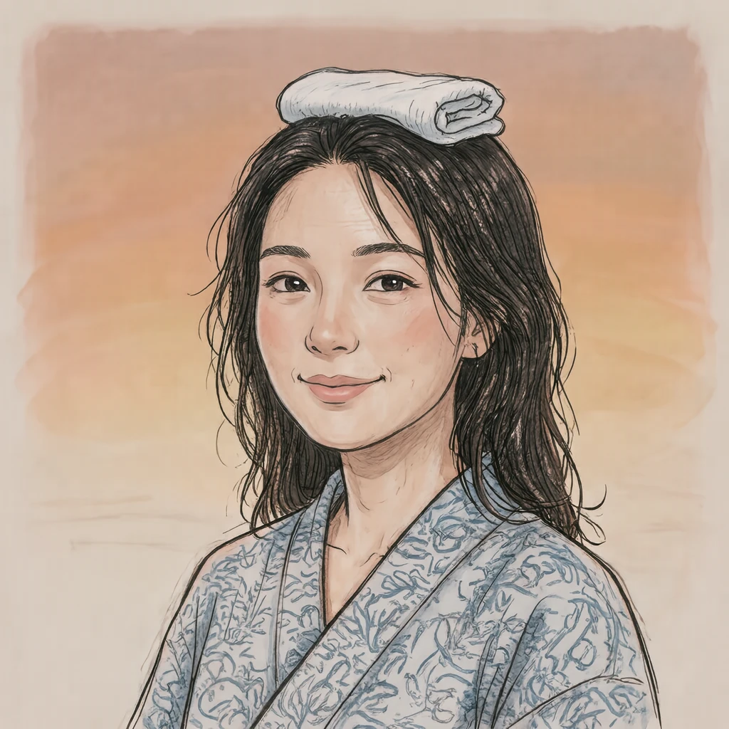 목욕을 마친 유카타 차림 여성의 프로필 아이콘 (손그림풍)