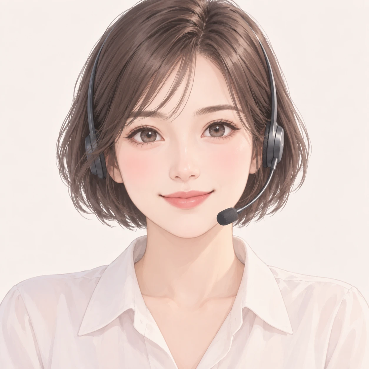 Illustration of one woman in a light blouse wearing a slim call headset with a short bob, her head and shoulders seen straight from the front with both eyes looking at the viewer and a calm closed-mouth smile, closely cropped so the head and shoulders fill most of the picture, hands not visible, a plain pale background behind her, the lower edge left as empty background with nothing written on it (soft pastel)