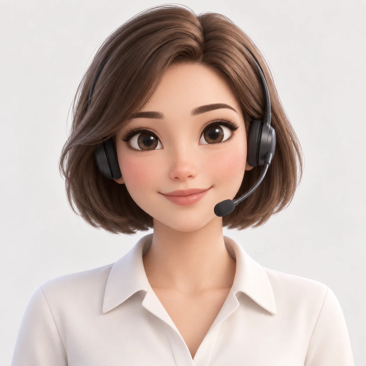 Illustration of one woman in a light blouse wearing a slim call headset with a short bob, her head and shoulders seen straight from the front with both eyes looking at the viewer and a calm closed-mouth smile, closely cropped so the head and shoulders fill most of the picture, hands not visible, a plain pale background behind her, the lower edge left as empty background with nothing written on it (soft 3D)