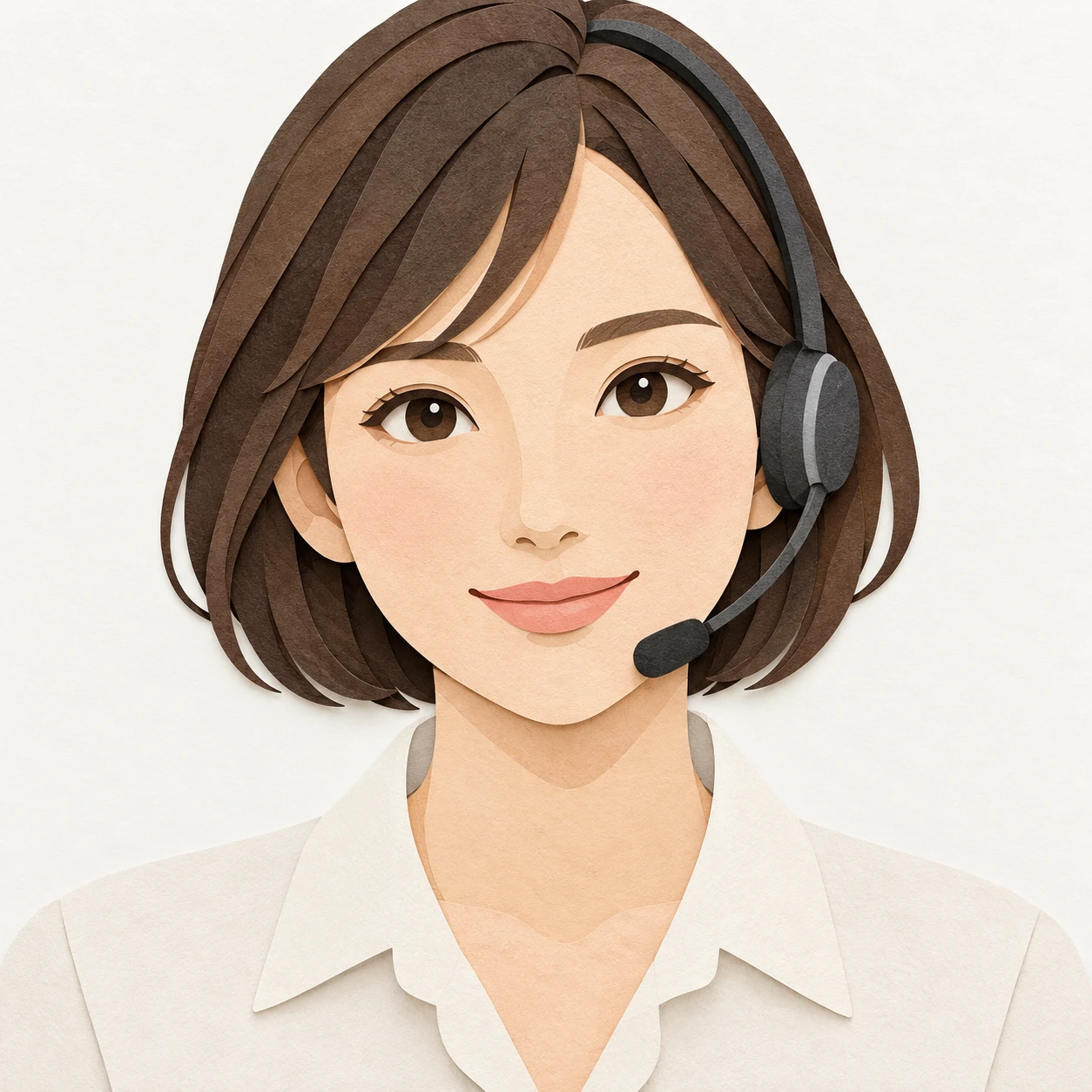 Illustration of one woman in a light blouse wearing a slim call headset with a short bob, her head and shoulders seen straight from the front with both eyes looking at the viewer and a calm closed-mouth smile, closely cropped so the head and shoulders fill most of the picture, hands not visible, a plain pale background behind her, the lower edge left as empty background with nothing written on it (paper cut-out)