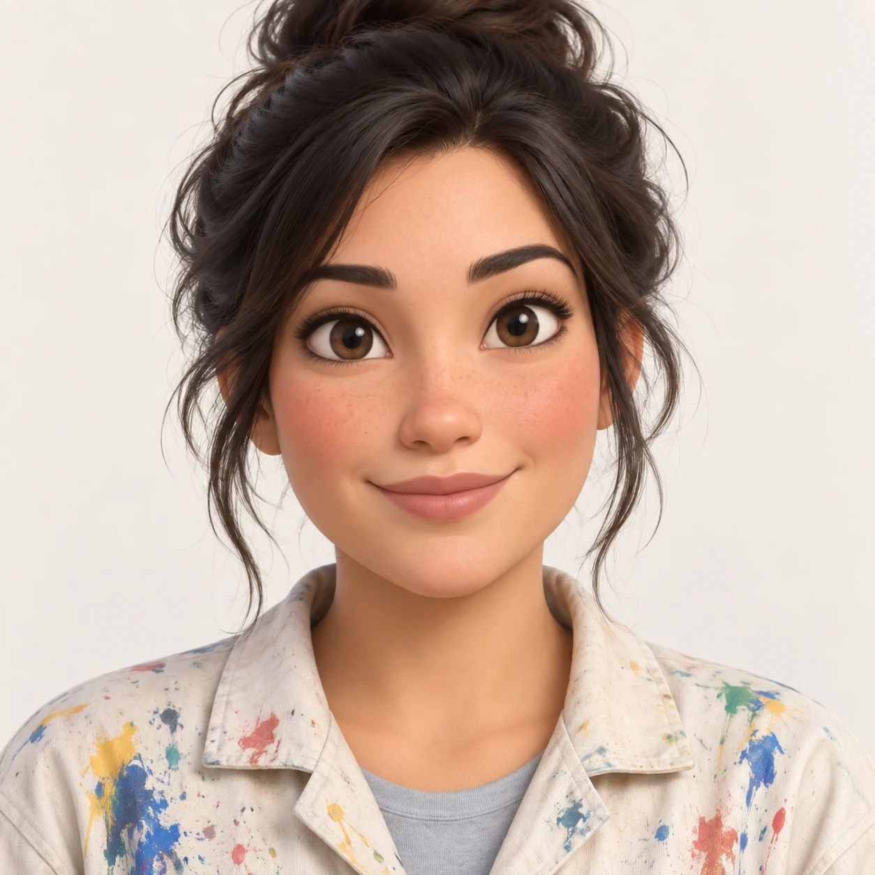 Illustration of one woman in a paint flecked smock with dark hair in a messy bun, her head and shoulders seen straight from the front with both eyes looking at the viewer and a calm closed-mouth smile, closely cropped so the head and shoulders fill most of the picture, hands not visible, a plain pale background behind her, the lower edge left as empty background with nothing written on it (soft 3D)