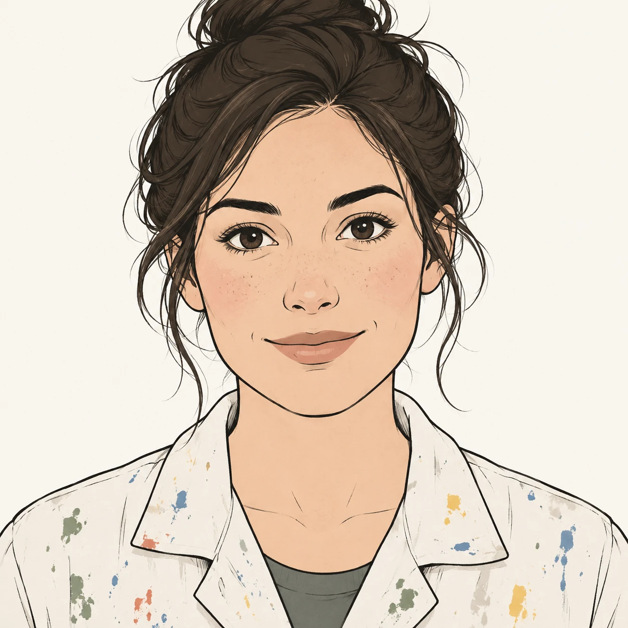 Illustration of one woman in a paint flecked smock with dark hair in a messy bun, her head and shoulders seen straight from the front with both eyes looking at the viewer and a calm closed-mouth smile, closely cropped so the head and shoulders fill most of the picture, hands not visible, a plain pale background behind her, the lower edge left as empty background with nothing written on it (simple line art)