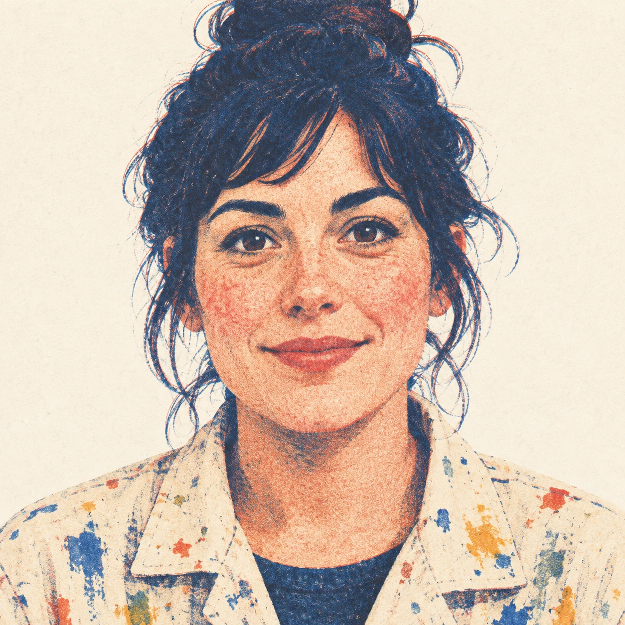 無地を背にした正面向きの絵の具のついたスモックの女性のイラスト（レトロ印刷）