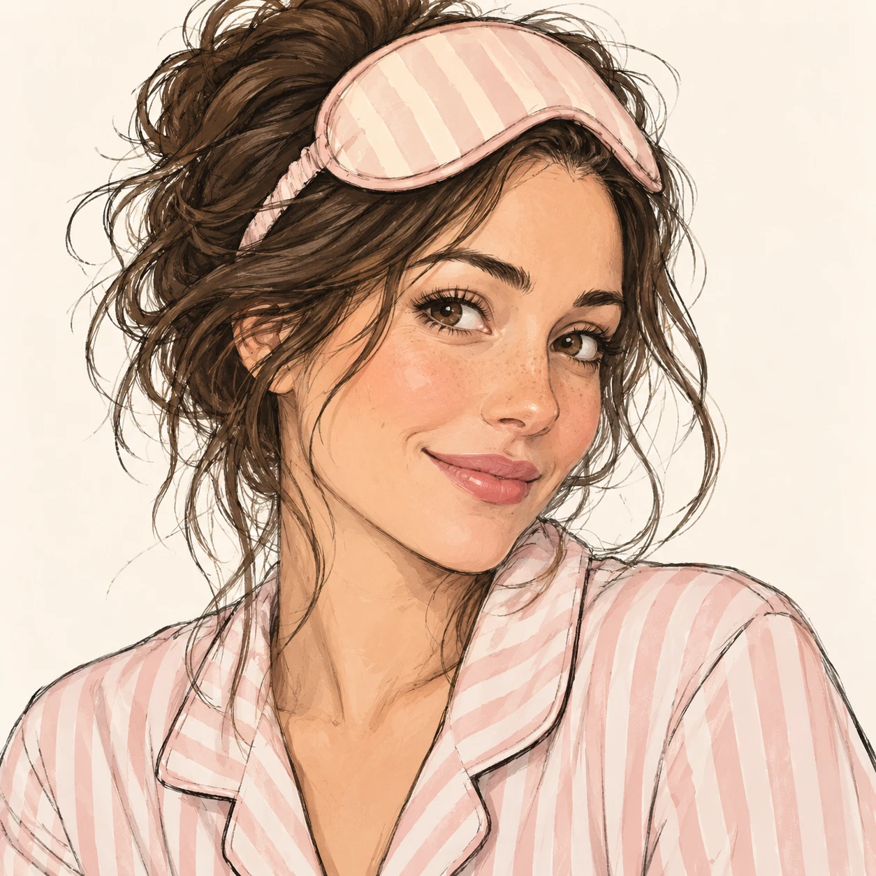 Illustration of one woman in soft striped pajamas with a sleep mask pushed up onto her tousled hair, her head and shoulders seen at a three-quarter angle with her face turned slightly to one side, both eyes visible and looking at the viewer with a calm closed-mouth smile, closely cropped so the head and shoulders fill most of the picture, hands not visible, a plain pale background behind her, the lower edge left as empty background with nothing written on it (hand-drawn)