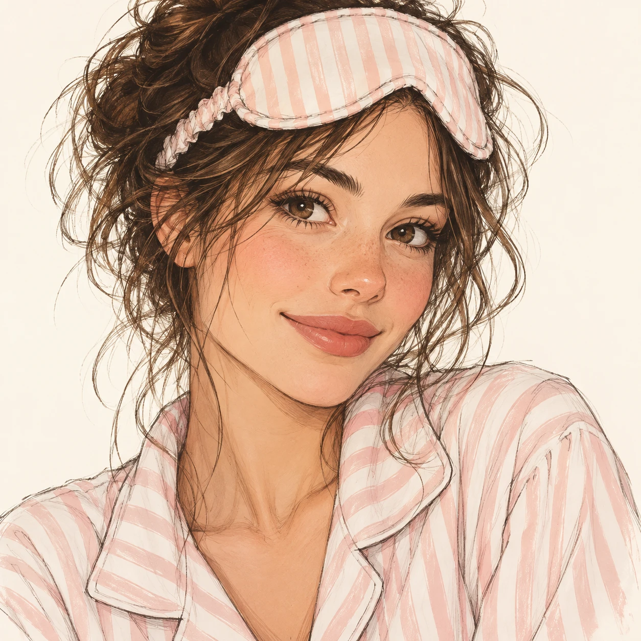Illustration of one woman in soft striped pajamas with a sleep mask pushed up onto her tousled hair, her head and shoulders seen at a three-quarter angle with her face turned slightly to one side, both eyes visible and looking at the viewer with a calm closed-mouth smile, closely cropped so the head and shoulders fill most of the picture, hands not visible, a plain pale background behind her, the lower edge left as empty background with nothing written on it (hand-drawn)