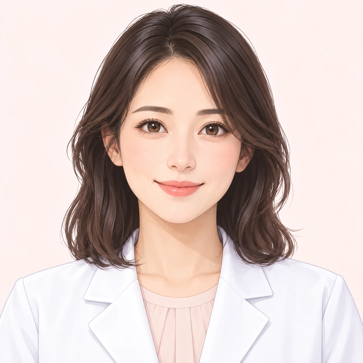 Illustration of one woman in a short white pharmacy coat over a pale blouse with neat shoulder length dark hair, her head and shoulders seen straight from the front with both eyes looking at the viewer and a calm closed-mouth smile, closely cropped so the head and shoulders fill most of the picture, hands not visible, a plain pale background behind her, the lower edge left as empty background with nothing written on it (soft pastel)