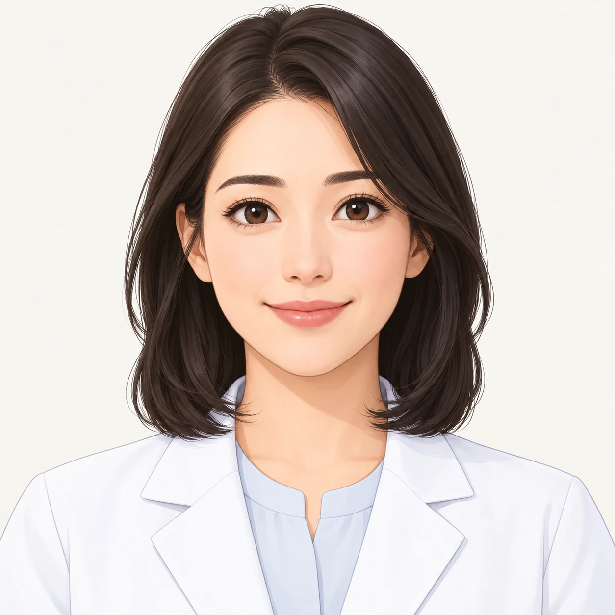Illustration of one woman in a short white pharmacy coat over a pale blouse with neat shoulder length dark hair, her head and shoulders seen straight from the front with both eyes looking at the viewer and a calm closed-mouth smile, closely cropped so the head and shoulders fill most of the picture, hands not visible, a plain pale background behind her, the lower edge left as empty background with nothing written on it (isometric)