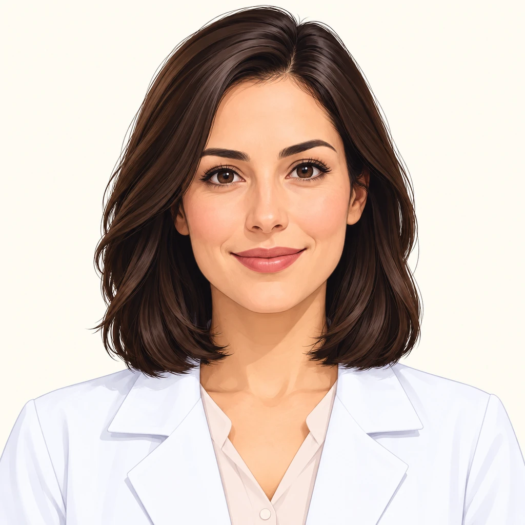 Illustration of one woman in a short white pharmacy coat over a pale blouse with neat shoulder length dark hair, her head and shoulders seen straight from the front with both eyes looking at the viewer and a calm closed-mouth smile, closely cropped so the head and shoulders fill most of the picture, hands not visible, a plain pale background behind her, the lower edge left as empty background with nothing written on it (bold graphic)