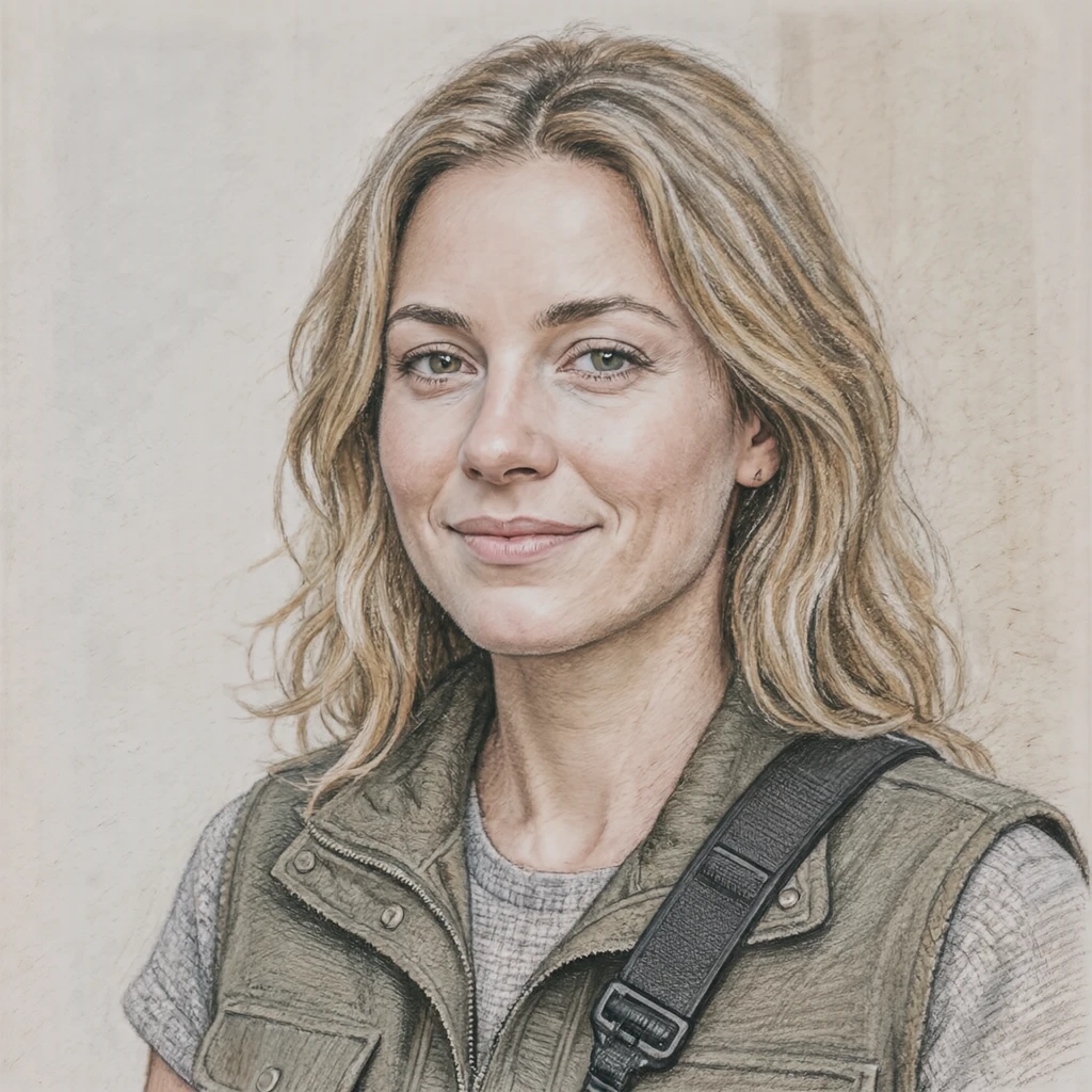 Illustration of one woman in a utility vest with a camera strap over one shoulder and sandy blonde hair, her head and shoulders seen at a three-quarter angle with her face turned slightly to one side, both eyes visible and looking at the viewer with a calm closed-mouth smile, closely cropped so the head and shoulders fill most of the picture, hands not visible, a plain pale background behind her, the lower edge left as empty background with nothing written on it (colored pencil)