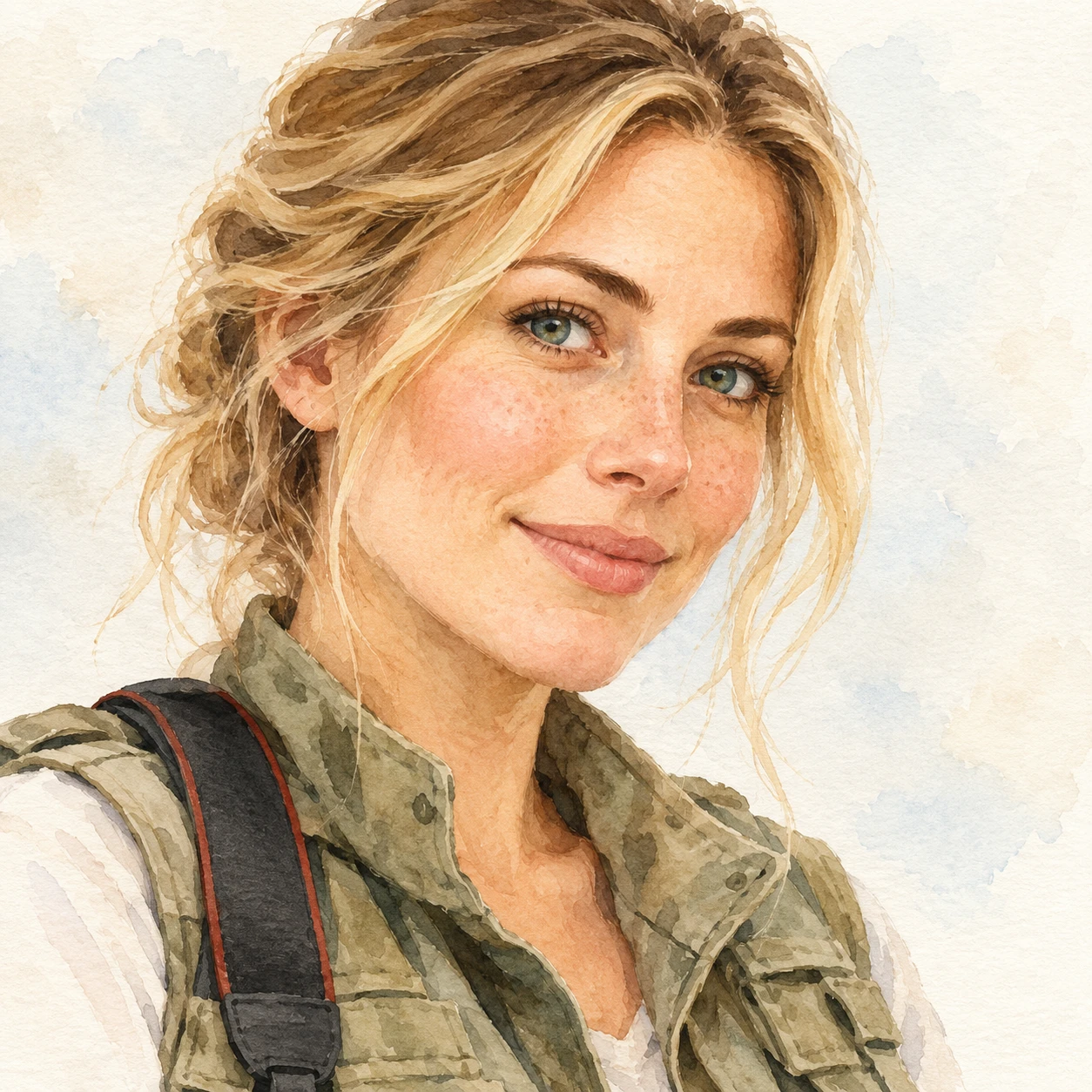 Illustration of one woman in a utility vest with a camera strap over one shoulder and sandy blonde hair, her head and shoulders seen at a three-quarter angle with her face turned slightly to one side, both eyes visible and looking at the viewer with a calm closed-mouth smile, closely cropped so the head and shoulders fill most of the picture, hands not visible, a plain pale background behind her, the lower edge left as empty background with nothing written on it (watercolor)