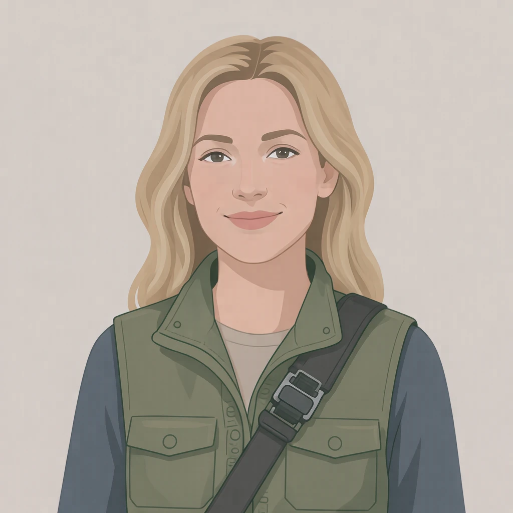 Illustration of one woman in a utility vest with a camera strap over one shoulder and sandy blonde hair, her head and shoulders seen at a three-quarter angle with her face turned slightly to one side, both eyes visible and looking at the viewer with a calm closed-mouth smile, closely cropped so the head and shoulders fill most of the picture, hands not visible, a plain pale background behind her, the lower edge left as empty background with nothing written on it (flat illustration)