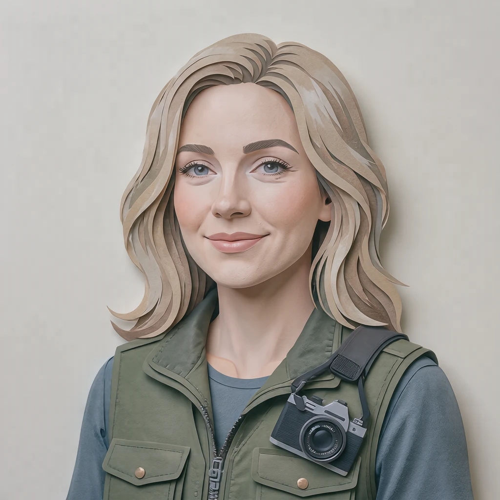 Illustration of one woman in a utility vest with a camera strap over one shoulder and sandy blonde hair, her head and shoulders seen at a three-quarter angle with her face turned slightly to one side, both eyes visible and looking at the viewer with a calm closed-mouth smile, closely cropped so the head and shoulders fill most of the picture, hands not visible, a plain pale background behind her, the lower edge left as empty background with nothing written on it (paper cut-out)