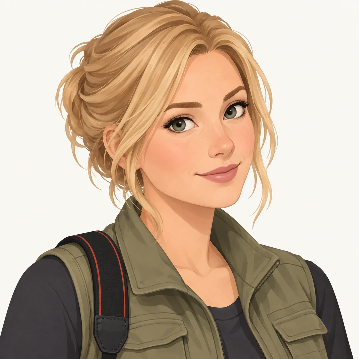 Illustration of one woman in a utility vest with a camera strap over one shoulder and sandy blonde hair, her head and shoulders seen at a three-quarter angle with her face turned slightly to one side, both eyes visible and looking at the viewer with a calm closed-mouth smile, closely cropped so the head and shoulders fill most of the picture, hands not visible, a plain pale background behind her, the lower edge left as empty background with nothing written on it (isometric)