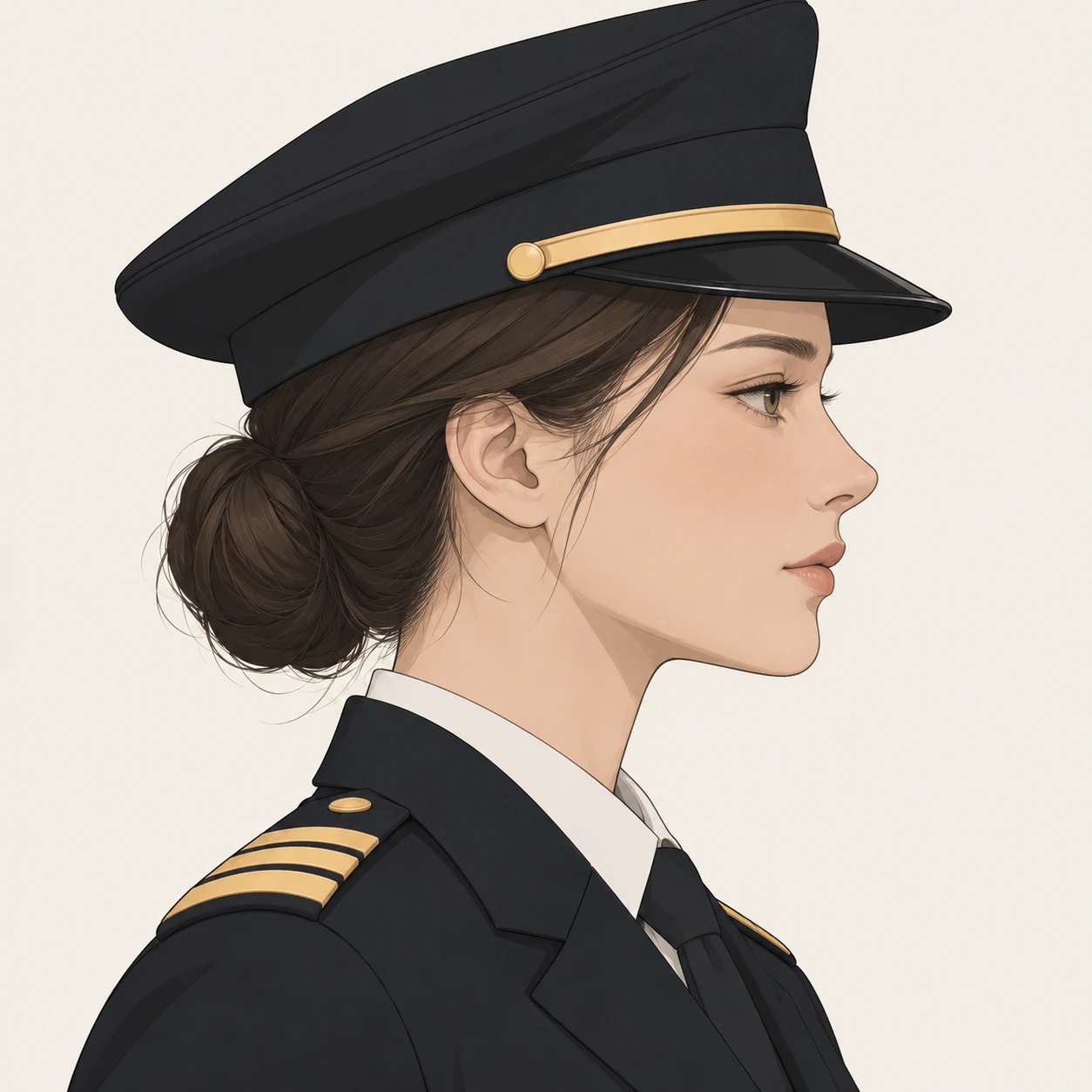 Illustration of one woman in a dark pilot's uniform jacket with plain gold stripes on the shoulders and a plain dark peaked pilot's cap over a low bun, her head and shoulders seen in full profile from the side with her gaze level ahead and a calm closed-mouth expression, closely cropped so the head and shoulders fill most of the picture, hands not visible, a plain pale background behind her, the lower edge left as empty background with nothing written on it (simple line art)