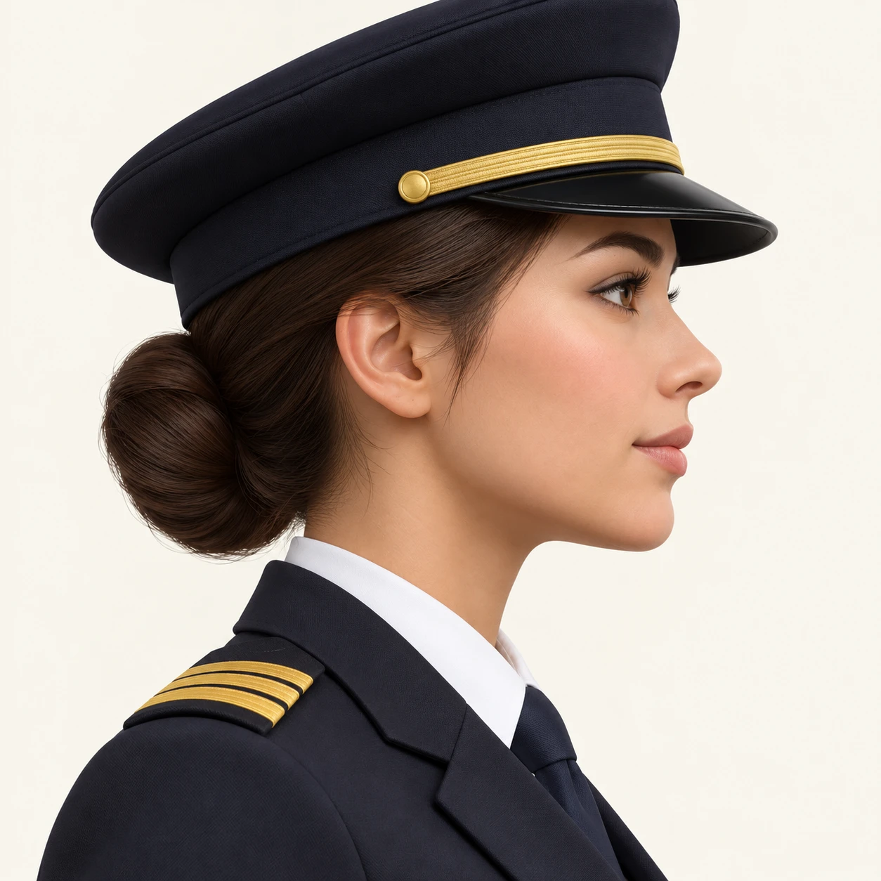 Illustration of one woman in a dark pilot's uniform jacket with plain gold stripes on the shoulders and a plain dark peaked pilot's cap over a low bun, her head and shoulders seen in full profile from the side with her gaze level ahead and a calm closed-mouth expression, closely cropped so the head and shoulders fill most of the picture, hands not visible, a plain pale background behind her, the lower edge left as empty background with nothing written on it (soft 3D)