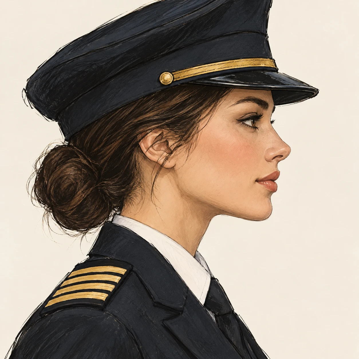 파일럿 제복과 제모 차림의 여성의 프로필 아이콘 (손그림풍)