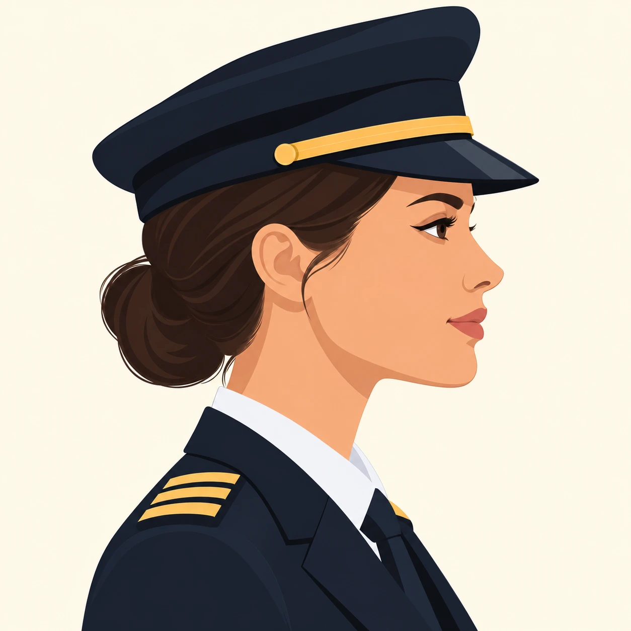 Illustration of one woman in a dark pilot's uniform jacket with plain gold stripes on the shoulders and a plain dark peaked pilot's cap over a low bun, her head and shoulders seen in full profile from the side with her gaze level ahead and a calm closed-mouth expression, closely cropped so the head and shoulders fill most of the picture, hands not visible, a plain pale background behind her, the lower edge left as empty background with nothing written on it (flat illustration)