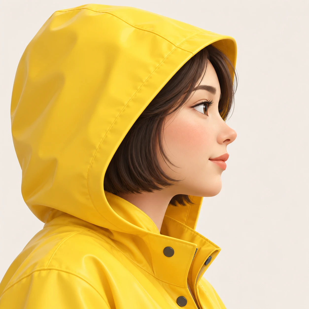 Illustration of one woman in a bright yellow raincoat with the hood pulled up over a short bob, her head and shoulders seen in full profile from the side with her gaze level ahead and a calm closed-mouth expression, closely cropped so the head and shoulders fill most of the picture, hands not visible, a plain pale background behind her, the lower edge left as empty background with nothing written on it (soft 3D)