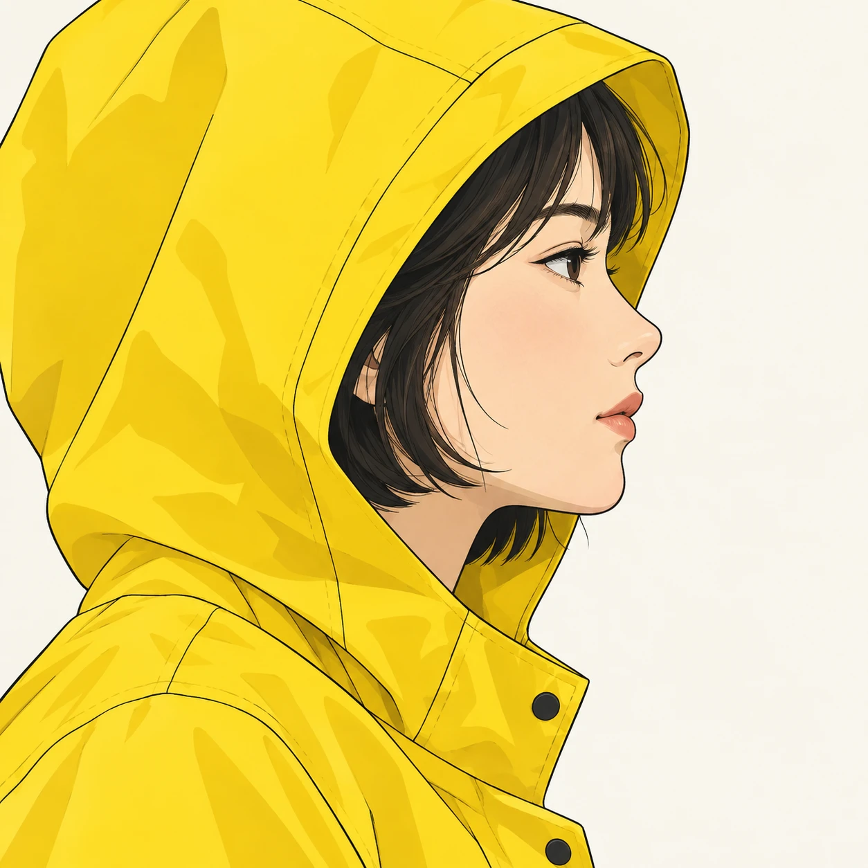 Illustration of one woman in a bright yellow raincoat with the hood pulled up over a short bob, her head and shoulders seen in full profile from the side with her gaze level ahead and a calm closed-mouth expression, closely cropped so the head and shoulders fill most of the picture, hands not visible, a plain pale background behind her, the lower edge left as empty background with nothing written on it (simple line art)