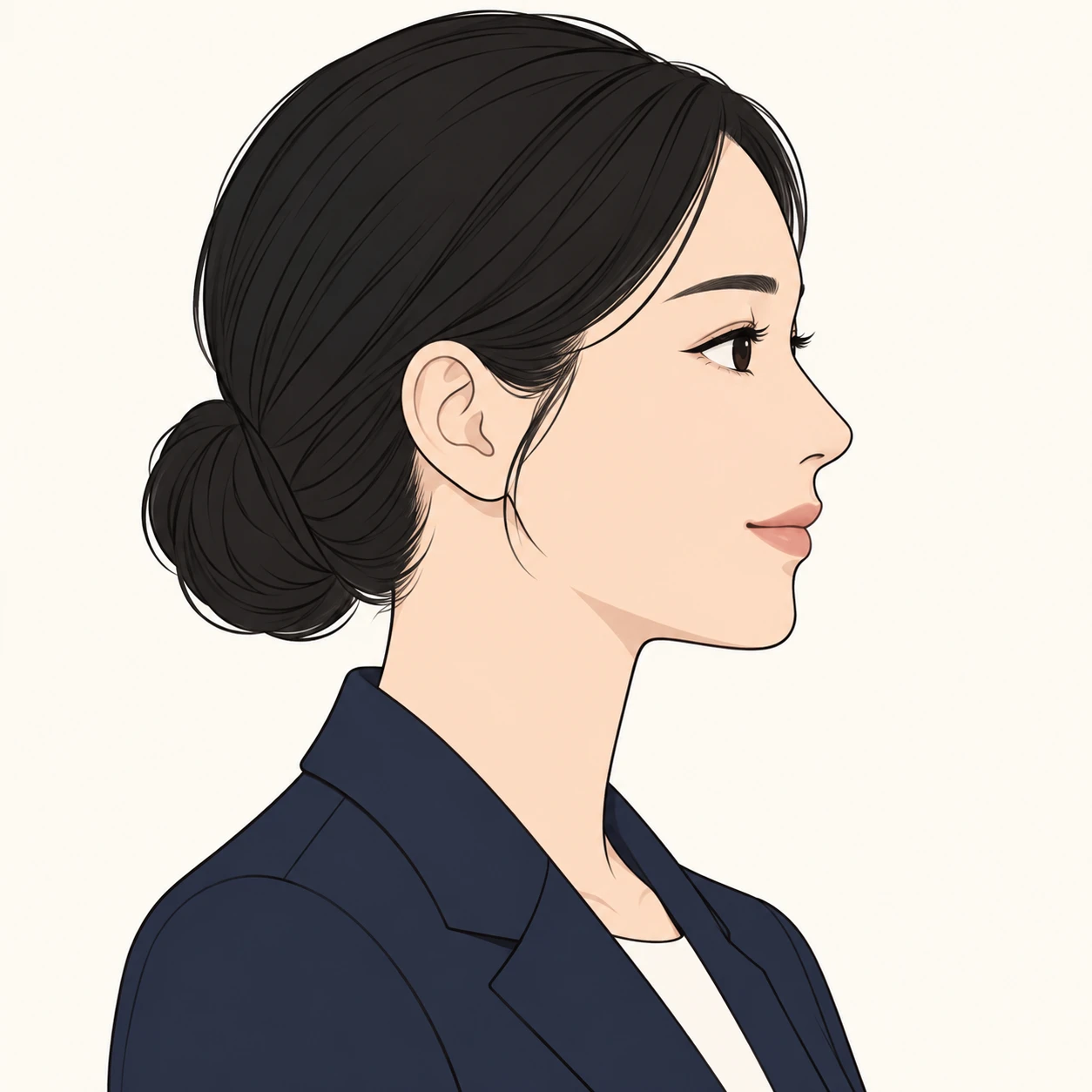 Illustration of one woman in a navy blazer with sleek black hair in a low bun, her head and shoulders seen in full profile from the side with her gaze level ahead and a calm closed-mouth expression, closely cropped so the head and shoulders fill most of the picture, hands not visible, a plain pale background behind her, the lower edge left as empty background with nothing written on it (simple line art)